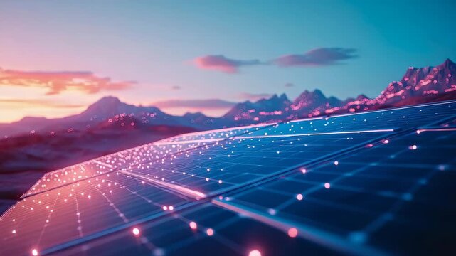 Futuristic clean power generation: digital energy flow on solar modules in vibrant mountainous twilight landscape