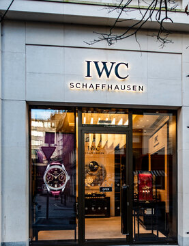 The elegant storefront of the IWC Schaffhausen luxury watch boutique on Chatham Street in Dublin. The shop features a modern stone facade and glass.