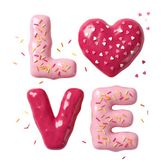 PNG image ofDeliciously frosted, brightly colored three dimensional letters spelling love with heart shapes on transparent background