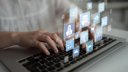 Data privacy and cyber security icons show encryption, data privacy safeguards, and cyber security defense. Data privacy ensures cyber security protection and access control. Entice