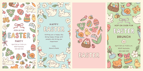 Easter vertical banners, invitations, cards, posters collection decorated with kawaii doodles and text. EPS 10