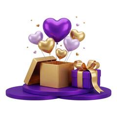 PNG image of Luxurious golden gift box overflowing with shiny purple and gold heart-shaped balloons celebrating romance on transparent background