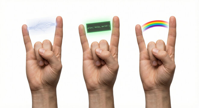 rock horn gesture with lightning code rainbow 3 variations