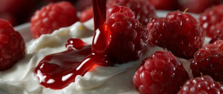 A close view of fresh raspberries drizzled with sweet sauce, inviting and mouthwatering.
