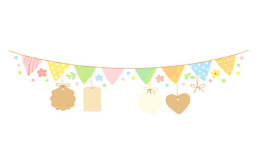 Obraz premium Colorful pastel pennant banner with decorative tags and shapes for celebrations