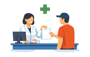 Pharmacist assisting customer at counter with prescription in pharmacy