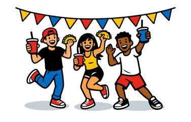 Obraz premium Diverse group of happy teens enjoying a festive celebration with tacos and drinks