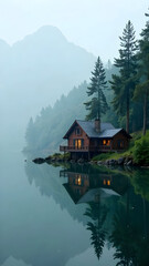 Obraz premium Misty Lakeside Cabin Reflection