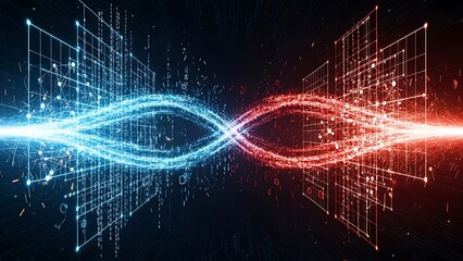 A futuristic digital illustration of interconnected blue and red light waves