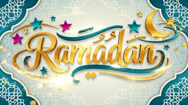 Golden 3D Ramadan text animation with crescent moon and star featuring elegant teal Islamic geometric pattern border on soft light background, ideal for Islamic holiday greetings.