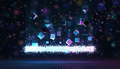 Vibrant digital particles floating in dark space