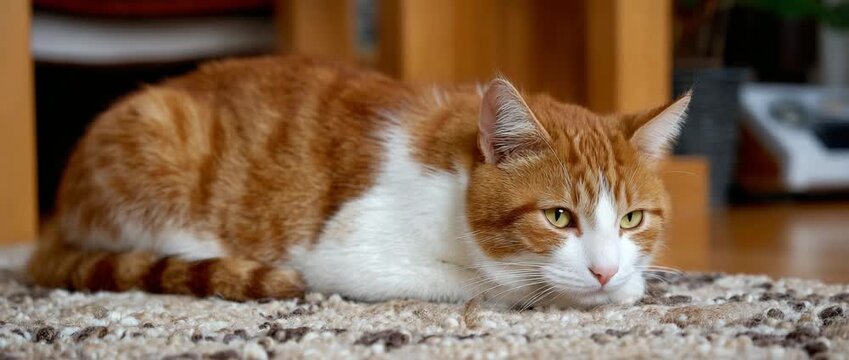 A ginger cat peacefully naps on a cozy carpet indoors.