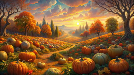 Autumn sunset landscape with pumpkins and colorful foliage  