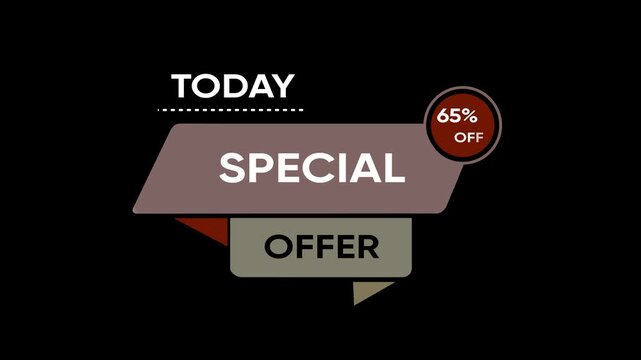 Special Offer Announcement with Speech Bubbles on Black Background for Business Promotion and Advertising. 65% Off Sale Tag Animation, Business and Savings Concept. 4k video