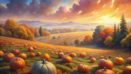 Autumn pumpkin field with vibrant sunset and rolling hills  