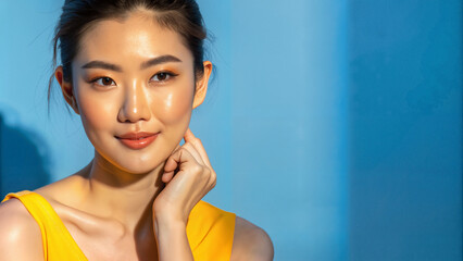 Young Asian woman posing thoughtfully in bright yellow dress  