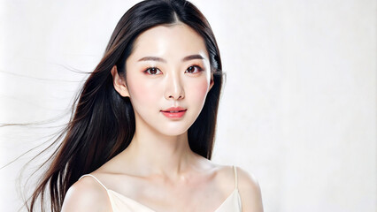 Asian woman with long hair smiling softly against a light background  