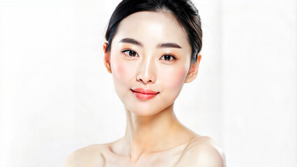 Young woman with natural makeup smiling in bright light background  