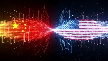 A digital illustration of the flags of China and the USA colliding in a futuristic network