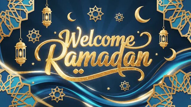 Elegant 3D golden text saying Welcome Ramadan on a blue background with islamic geometric patterns and glowing sparkles, ideal for religious greetings and digital marketing visuals.