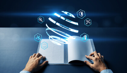 Digital book with security icons emerging