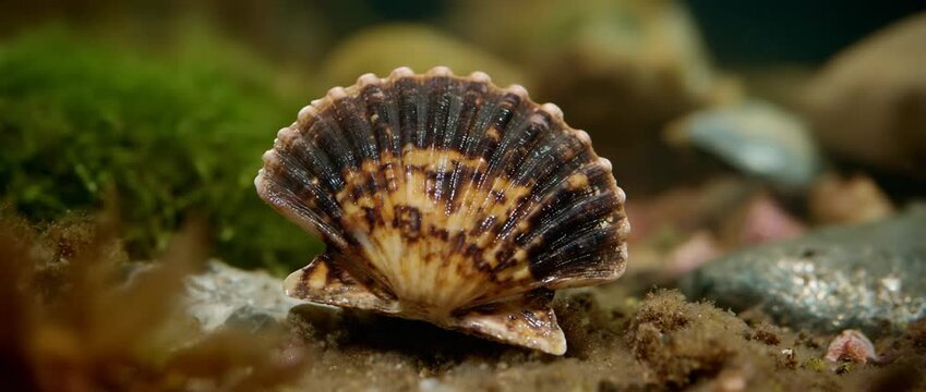 A stunning scallop shell rests gracefully on the ocean floor.