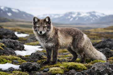 Fototapeta premium Ultra-realistic wildlife photo of an Arctic fox in spring coat on mossy volcanic ground in Iceland, natural overcast light, sharp focus, shallow depth of field, pristine wild landscape.
