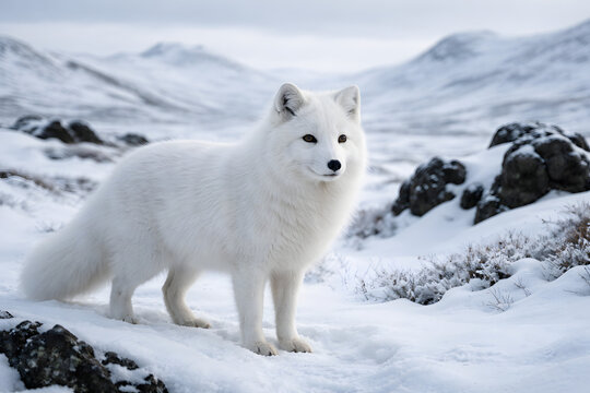 Ultra-realistisches Wildlife-Foto eines Polarfuchses im winterlichen Island. Wei&szlig;es Fell, scharfer Fokus, vulkanische Felsen, kalte Stimmung, nat&uuml;rliche Farben, professionelle Stockfotografie.