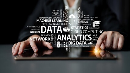 A close-up shot of hands typing on a tablet, surrounded by terms related to data analytics and computing, symbolizing the digital shift in modern business environments. Tessel
