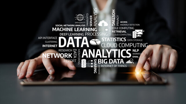 A close-up shot of hands typing on a tablet, surrounded by terms related to data analytics and computing, symbolizing the digital shift in modern business environments. Tessel - Powered by Adobe