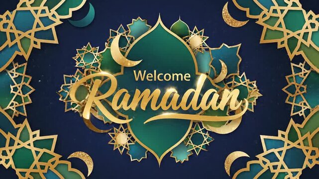 Golden Welcome Ramadan calligraphy on a deep blue background with intricate Islamic geometric patterns and glowing crescents, ideal for holiday social media and digital marketing.
