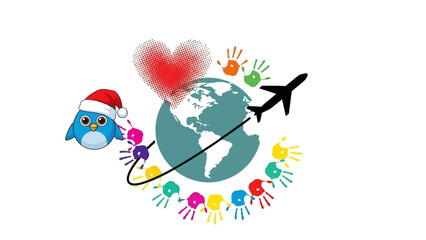 Global Travel Illustration Featuring Character Embracing World with Love and Flight