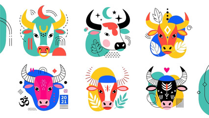 Vibrant illustrations of diverse bull heads with abstract designs and patterns