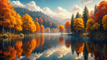Autumn landscape with colorful trees reflecting on calm lake  