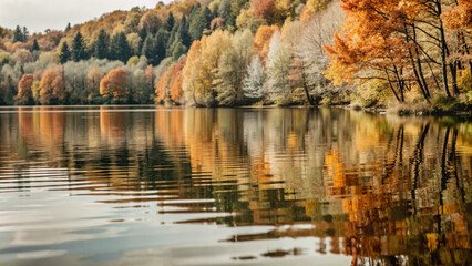 Scenic autumn landscape with colorful trees reflecting on water  