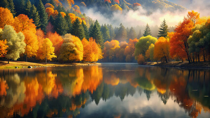 Autumn landscape with colorful trees reflecting in calm lake  
