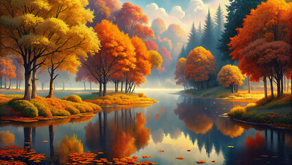 Tranquil autumn landscape with colorful trees reflecting in water  