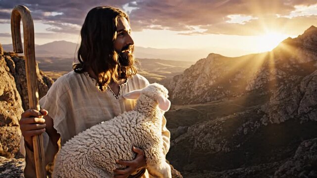 Jesus Christ Good Shepherd Standing on Rocky Mountain Cliff Holding White Lamb and Wooden Staff Looking at Golden Sunset Depicting Parable of Lost Sheep and Divine Love Concept