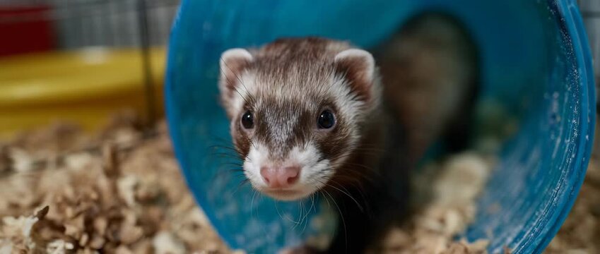 A curious ferret peeks out from a blue tunnel, exploring playfully.