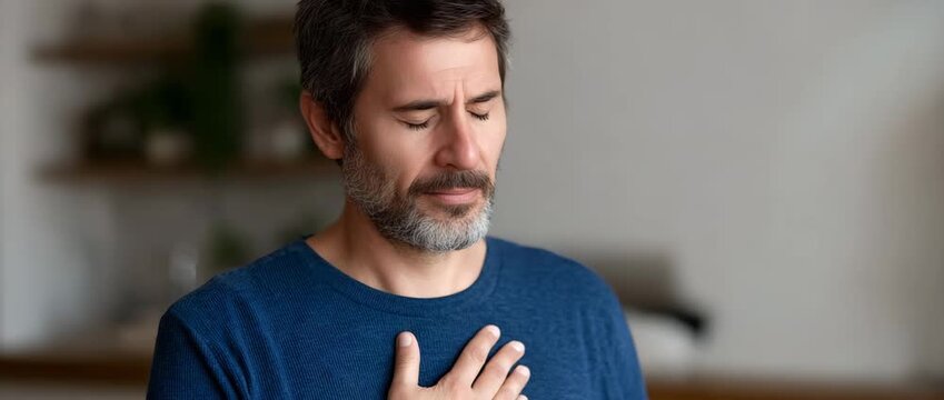 A serene man reflects quietly while feeling grateful inside.