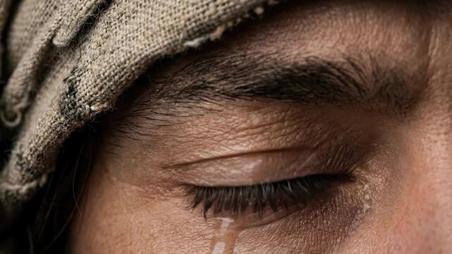 Extreme Macro Close Up of Jesus Christ Eye with Reflection of Three Crucifixion Crosses on Golgotha Hill Depicting Holy Week Passion and Divine Sacrifice in Biblical History