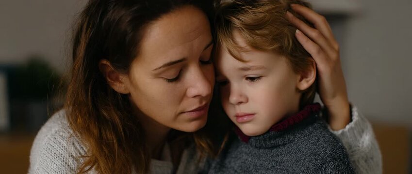 A mother lovingly embraces her son in a tender moment.