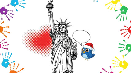 Statue of Liberty illustration with Twitter bird wearing Santa hat and colorful handprints around the border © Steven