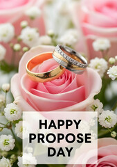 Two diamond wedding rings on pink roses and white flowers  Happy