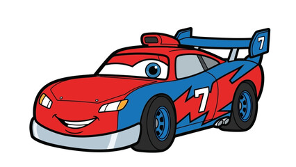 Naklejka premium Animated racing car with character design, number 7, red and blue, cartoon style, illustration, isolated on transparent background is not mentioned