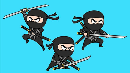 Three cartoon ninjas in dynamic poses, wielding swords, in a vibrant blue setting, viewed from a slight angle.