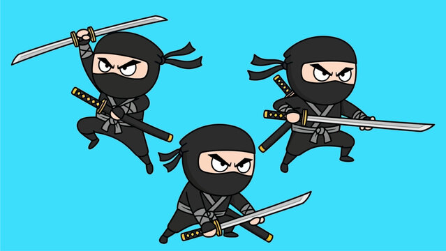 Three cartoon ninjas in dynamic poses, wielding swords, in a vibrant blue setting, viewed from a slight angle.