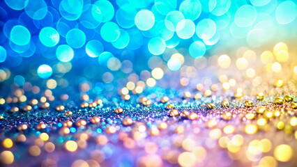 Colorful bokeh lights in blue, gold, and vibrant hues on surface  