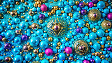 Colorful decorative beads in various sizes and textures on turquoise background  