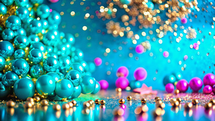Colorful decorative balls on shiny surface with sparkling background  